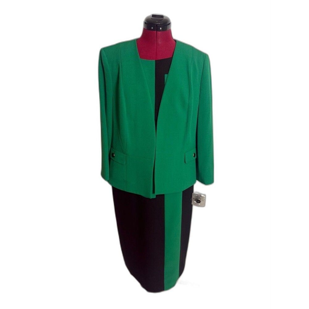 NWT Kasper Jacket Dress Size 12 Emerald Green & Black 2-Piece Set Blazer & Dress
